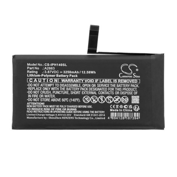 CAMERON SINO Li-Polymer akku (3.87V/3250mAh, Apple A2863 kompatibilis) FEKETE Apple iPhone 14