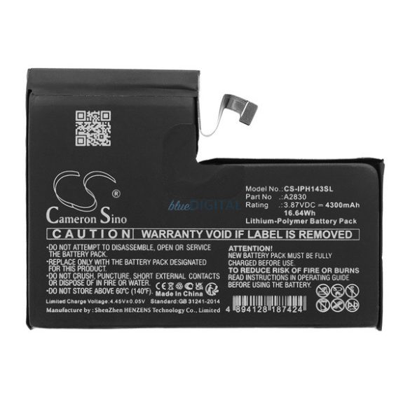 CAMERON SINO Li-Polymer akku (3,87V / 4300mAh, Apple A2830 kompatibilis) FEKETE Apple iPhone 14 Pro Max