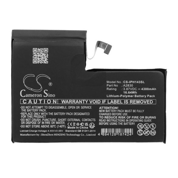 CAMERON SINO Li-Polymer akku (3.87V/4300mAh, Apple A2830 kompatibilis) FEKETE Apple iPhone 14 Pro Max