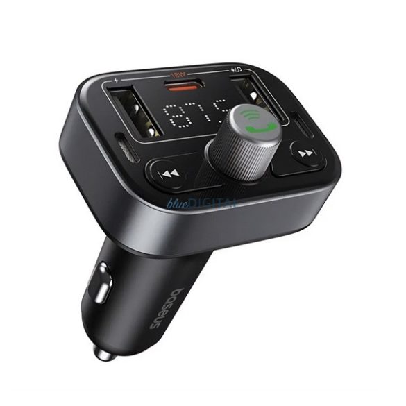 BASEUS S-09 PRO bluetooth FM transmitter autós töltő 2 USB / Type-C aljzat (v5.3, 5V / 2.4A, 18W, LED kijelző) FEKETE