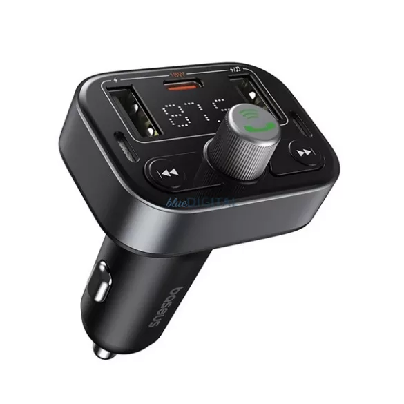 BASEUS S-09 PRO bluetooth FM transmitter autós töltő 2 USB/Type-C aljzat (v5.3, 5V/2.4A, 18W, LED kijelző) FEKETE