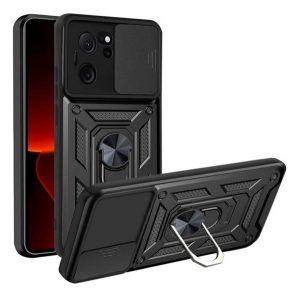 Defender műanyag telefonvédő (közepesen ütésálló, szilikon belső, telefontartó gyűrű, kamera védelem) FEKETE Xiaomi 13T Pro, 13T