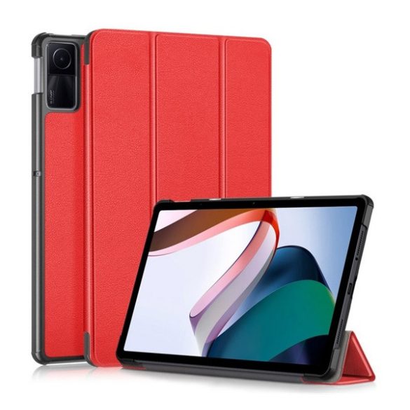 Tok álló, bőr hatású (aktív FLIP, oldalra nyíló, TRIFOLD, asztali tartó) PIROS Xiaomi Redmi Pad SE