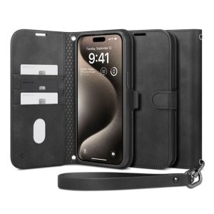 SPIGEN WALLET S PRO tok álló, bőr hatású (FLIP, oldalra nyíló, textil minta) FEKETE Apple iPhone 15 Pro