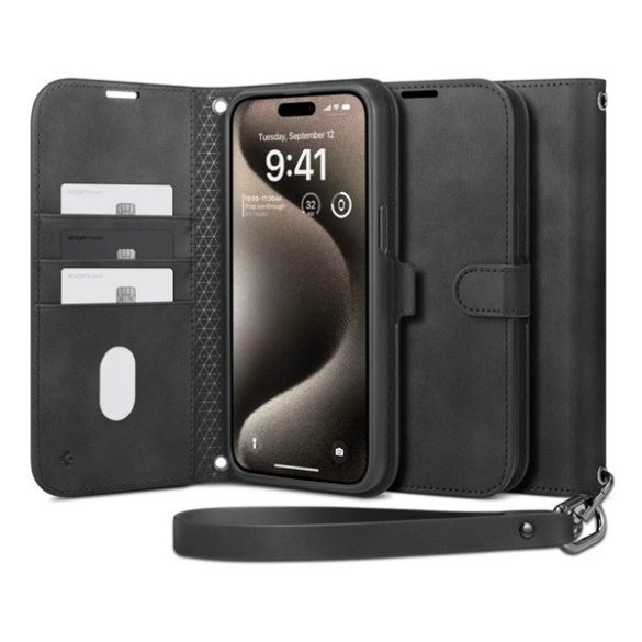 SPIGEN WALLET S PRO tok álló, bőr hatású (FLIP, oldalra nyíló, textil minta) FEKETE Apple iPhone 15 Pro Max