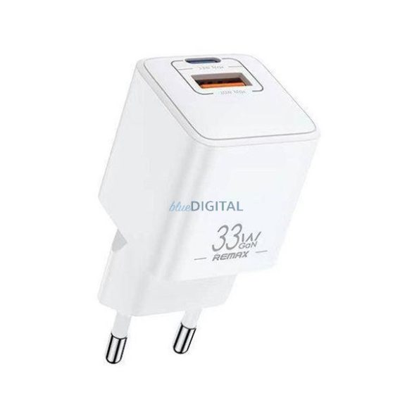 REMAX BATT hálózati töltő USB+Type-C aljzat (33W, GaN, PD gyorstöltő) FEHÉR