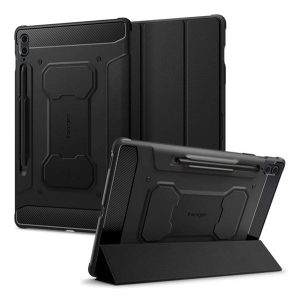 SPIGEN RUGGED ARMOR PRO tok álló (aktív FLIP, ütésállóság, TRIFOLD, asztali tartó, ceruza tartó) FEKETE Samsung Galaxy Tab S9 FE Plus LTE (SM-X616), Galaxy Tab S9 FE Plus WIFI (SM-X610)