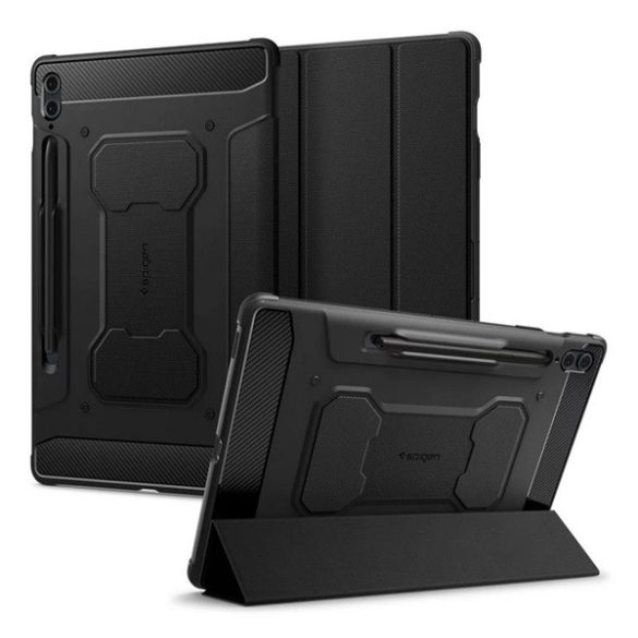 SPIGEN RUGGED ARMOR PRO tok álló (aktív FLIP, ütésállóság, TRIFOLD, asztali tartó, ceruza tartó) FEKETE Samsung Galaxy Tab S9 FE Plus LTE (SM-X616), Galaxy Tab S9 FE Plus WIFI (SM-X610)