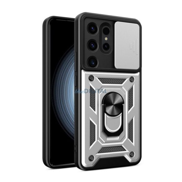 Defender műanyag telefonvédő (ütésállóság, szilikon belső, tartógyűrű, kameravédő) EZÜST Samsung Galaxy S24 Ultra (SM-S928)