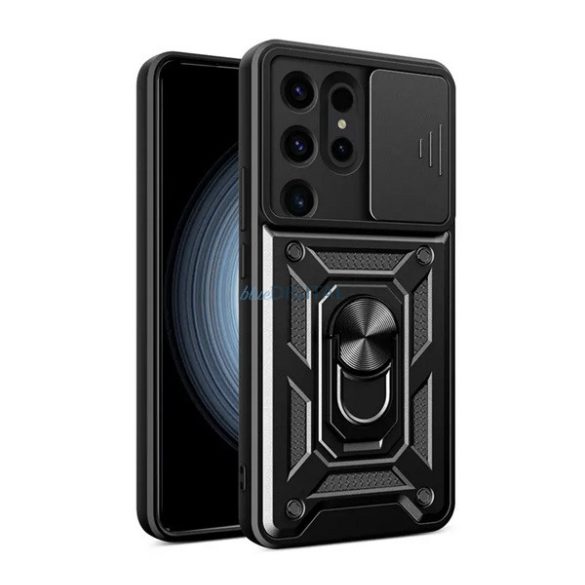 Defender műanyag telefonvédő (ütésállóság, szilikon belső, tartógyűrű, kameravédő) FEKETE Samsung Galaxy S24 Ultra (SM-S928)