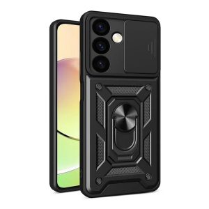Defender műanyag telefonvédő (ütésállóság, szilikon belső, tartógyűrű, kameravédő) FEKETE Samsung Galaxy S24 Plus (SM-S926)