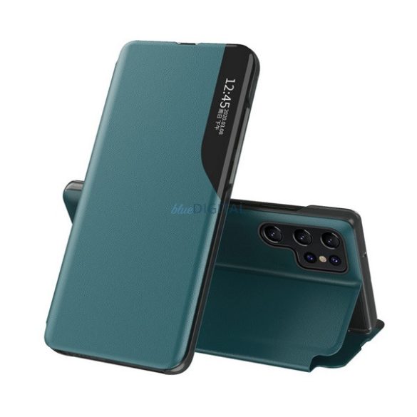 Tok álló, ECO bőr hatású (aktív FLIP, oldalra nyíló, asztali tartó, ablakos) SÖTÉTZÖLD Samsung Galaxy S24 Ultra (SM-S928)
