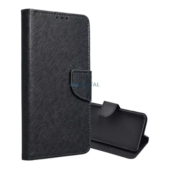Tok álló, bőr hatású (FLIP, oldalra nyíló, asztali tartó, kártyazseb, textil hatás) FEKETE Samsung Galaxy A54 5G (SM-A546)