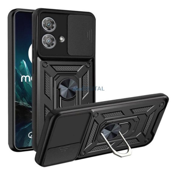 Defender műanyag telefonvédő (ütésállóság, szilikon belső, tartógyűrű, kameravédő) FEKETE Motorola Edge 40 Neo 5G (XT2307)