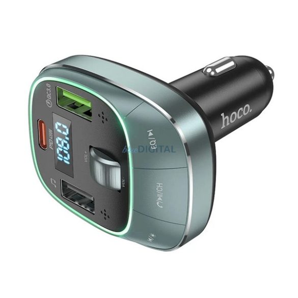 HOCO E76 bluetooth FM transmitter autós töltő 2 USB+Type-C aljzat (48W, PD gyorstöltő 3.0, LED kijelző) SZÜRKE