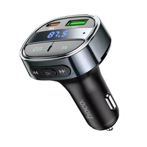 HOCO E70 bluetooth FM transmitter autós töltő USB+Type-C aljzat (30W, PD gyorstöltő 3.0, microSD, LED kijelző) FEKETE