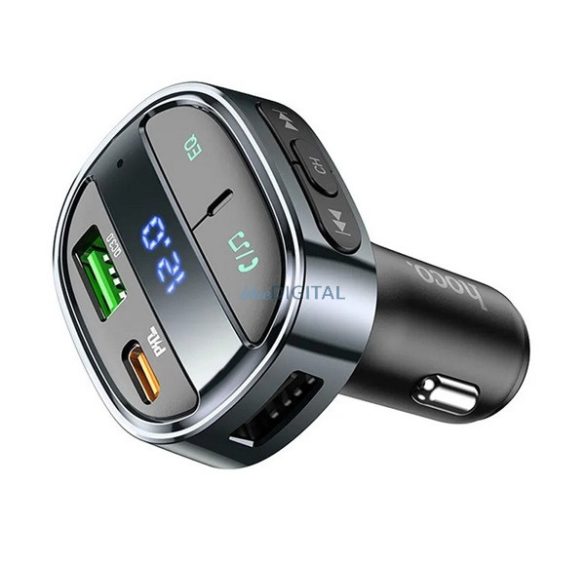 HOCO E70 bluetooth FM transmitter autós töltő USB+Type-C aljzat (30W, PD gyorstöltő 3.0, microSD, LED kijelző) FEKETE
