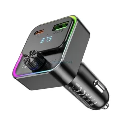   HOCO E81 bluetooth FM transmitter autós töltő USB+Type-C aljzat (30W, PD gyorstöltő 3.0, LED kijelző) FEKETE