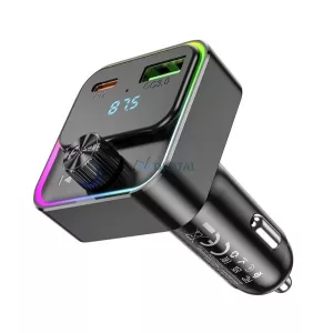 HOCO E81 bluetooth FM transmitter autós töltő USB+Type-C aljzat (30W, PD gyorstöltő 3.0, LED kijelző) FEKETE