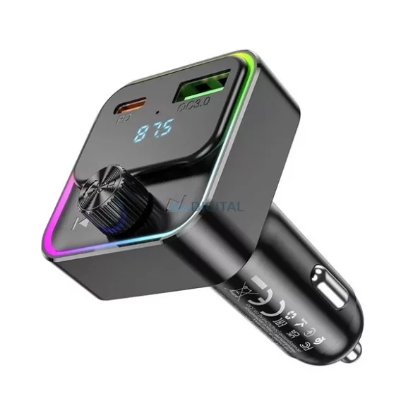 HOCO E81 bluetooth FM transmitter autós töltő USB+Type-C aljzat (30W, PD gyorstöltő 3.0, LED kijelző) FEKETE