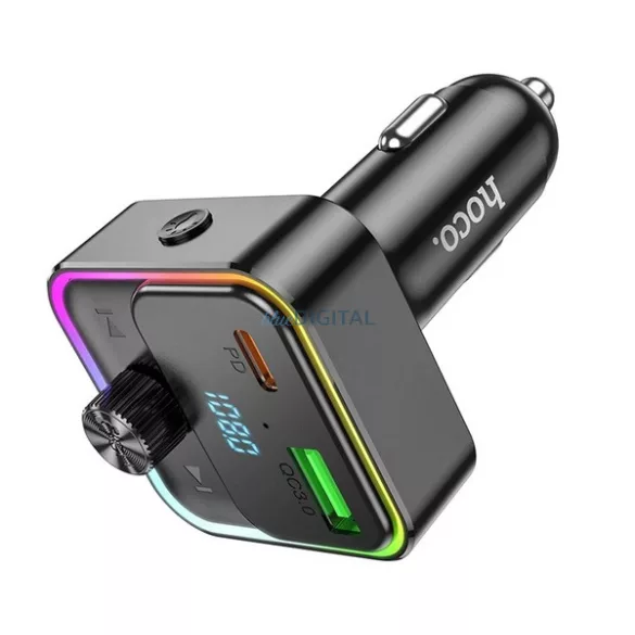 HOCO E81 bluetooth FM transmitter autós töltő USB+Type-C aljzat (30W, PD gyorstöltő 3.0, LED kijelző) FEKETE