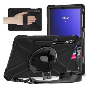 Defender műanyag telefonvédő (ütésállóság, kitámasztó, 360° + kézpánt, vállpánt) FEKETE Samsung Galaxy Tab S9 FE Plus LTE (SM-X616), Galaxy Tab S9 FE Plus WIFI (SM-X610)