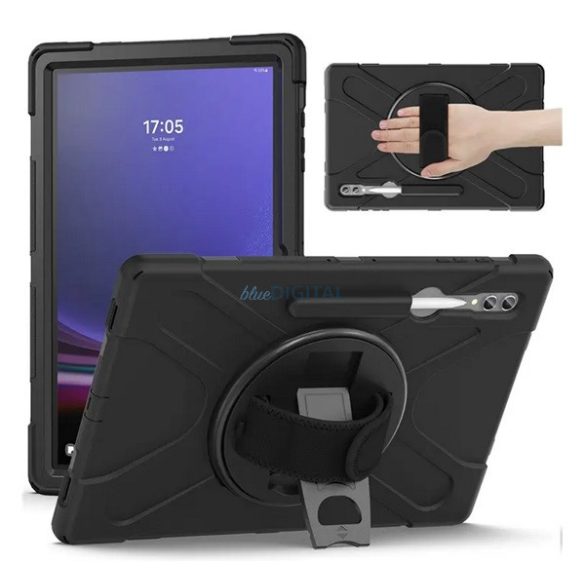 Defender műanyag telefonvédő (ütésállóság, kitámasztó, 360° + kézpánt) FEKETE Samsung Galaxy Tab S9 Ultra WIFI (SM-X910), Galaxy Tab S9 Ultra LTE (SM-X916)
