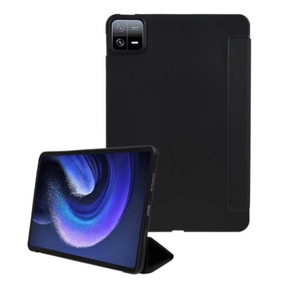 Tok álló, bőr hatású (aktív FLIP, oldalra nyíló, TRIFOLD, asztali tartó) FEKETE Xiaomi Pad 6