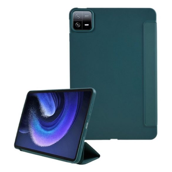 Tok álló, bőr hatású (aktív FLIP, oldalra nyíló, TRIFOLD, asztali tartó) SÖTÉTZÖLD Xiaomi Pad 6