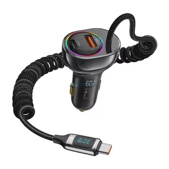 USAMS autós töltő USB+Type-C aljzat (30W, PD gyorstöltő, LED kijelző, RGB + fix Type-C kábel) FEKETE