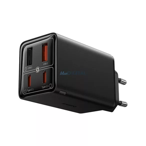 BASEUS hálózati töltő 2 USB+2 Type-C aljzat (65W, GaN5, gyorstöltő + Type-C kábel) FEKETE