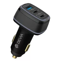   DEVIA SMART autós töltő USB+2 Type-C aljzat (115W, PD gyorstöltő, LED fény) FEKETE