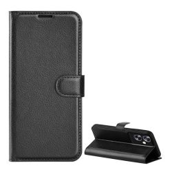   Tok álló, bőr hatású (FLIP, oldalra nyíló, asztali tartó, prémium) FEKETE Oppo A79 5G