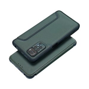 Tok álló, bőr hatású (FLIP, oldalra nyíló, ütésállóság, légpárnás sarok, kameravédő, karbon minta) SÖTÉTZÖLD Xiaomi Redmi Note 13 5G