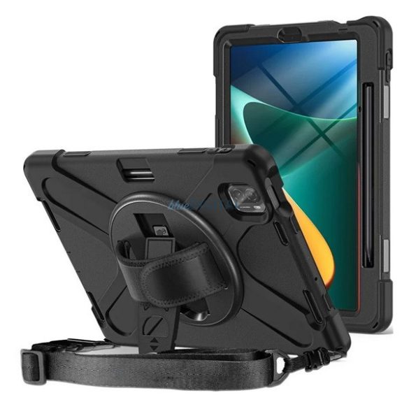 Defender műanyag telefonvédő (ütésállóság, kitámasztó, 360° + kézpánt, vállpánt) FEKETE Xiaomi Pad 5
