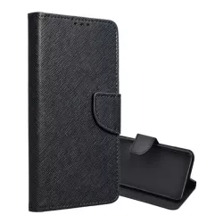   Tok álló, bőr hatású (FLIP, oldalra nyíló, asztali tartó, kártyazseb, textil hatás) FEKETE Samsung Galaxy A35 5G (SM-A356)