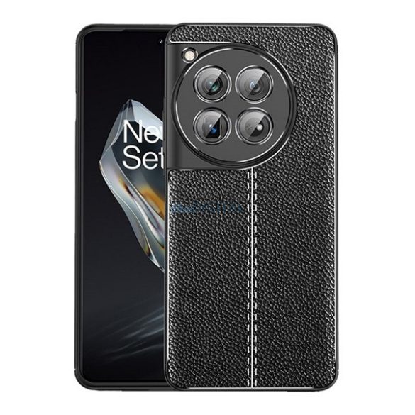 Szilikon telefonvédő (ütésállóság, bőr hatású, varrás minta) FEKETE OnePlus 12 5G