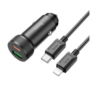 HOCO LEVEL autós töltő USB+Type-C aljzat (38W, PD gyorstöltő 3.0 + lightning kábel) FEKETE