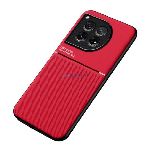 Műanyag telefonvédő (szilikon keret, ütésállóság, mágneses, bőr hatású hátlap, csíkos) PIROS OnePlus 12 5G