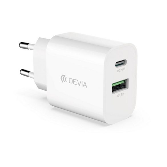 DEVIA SMART hálózati töltő USB+Type-C aljzat (20W, PD gyorstöltő) FEHÉR