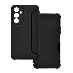   Tok álló, bőr hatású (FLIP, oldalra nyíló, ütésállóság, légpárnás sarok, kameravédő, karbon minta) FEKETE Samsung Galaxy A25 5G (SM-A256)