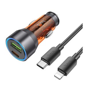 HOCO autós töltő USB+Type-C aljzat (43W, PD gyorstöltő, LED jelzés + lightning kábel) NARANCSSÁRGA