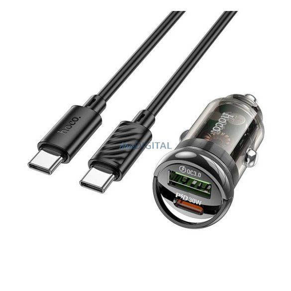 HOCO Z53A autós töltő USB+Type-C aljzat (30W, PD gyorstöltő + Type-C kábel) FEKETE