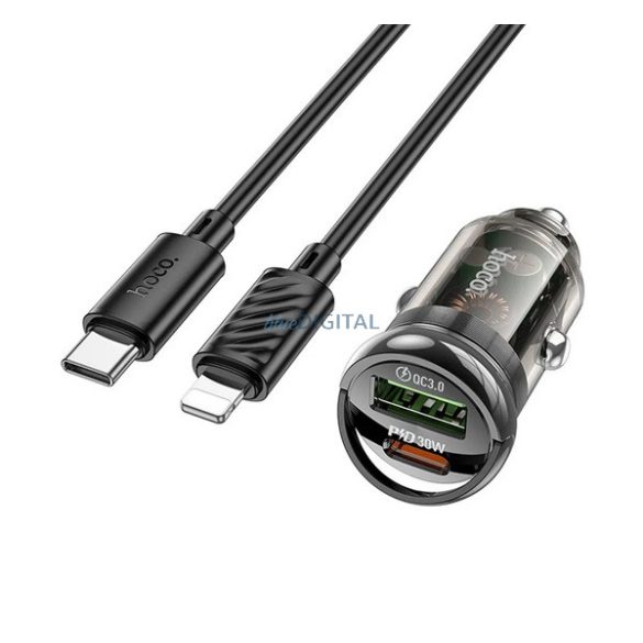 HOCO Z53A autós töltő USB+Type-C aljzat (30W, PD gyorstöltő + Type-C - lightning kábel) FEKETE