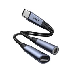   JOYROOM adapter kábel 2in1 (Type-C+3.5mm jack aljzat - Type-C, PD gyorstöltő, cipőfűző, DAC) FEKETE