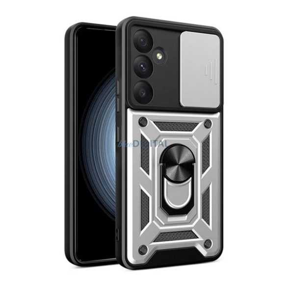 Defender műanyag telefonvédő (ütésállóság, szilikon belső, tartógyűrű, kameravédő) EZÜST Samsung Galaxy A55 5G (SM-A556)