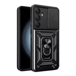   Defender műanyag telefonvédő (ütésállóság, szilikon belső, tartógyűrű, kameravédő) FEKETE Samsung Galaxy A55 5G (SM-A556)