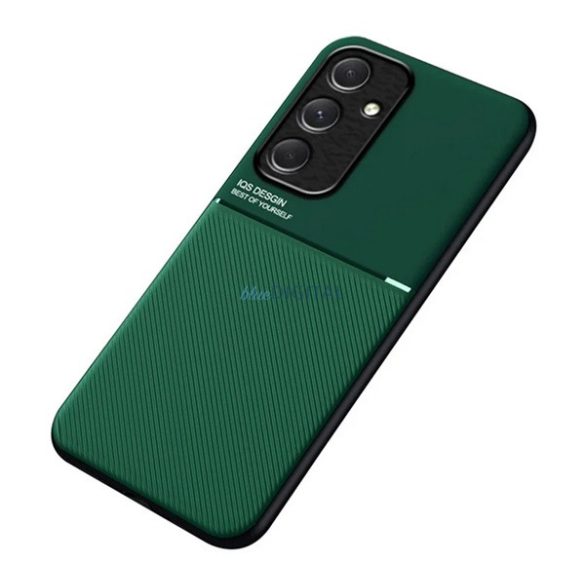 Műanyag telefonvédő (szilikon keret, ütésállóság, mágneses, bőr hatású hátlap, csíkos) SÖTÉTZÖLD Samsung Galaxy A55 5G (SM-A556)