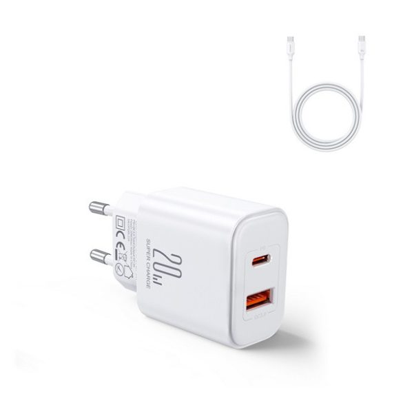 JOYROOM hálózati töltő USB+Type-C aljzat (20W, PD gyorstöltő + Type-C kábel) FEHÉR 