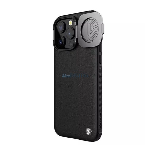 NILLKIN CAMSHIELD PROP LEATHER műanyag telefonvédő (ütésállóság, bőr hatású hátlap, kameravédő, kitámasztó) FEKETE Apple iPhone 15 Pro Max